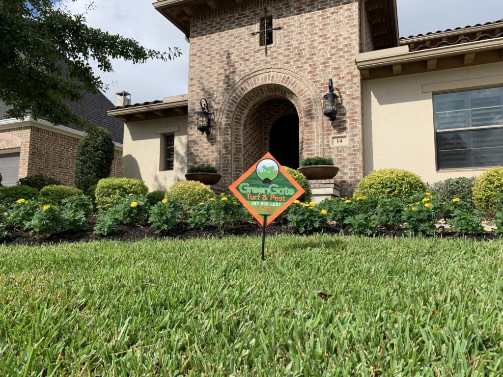 Fertilization & Pest Control yard sign in a customer lawn in Atascocita - Lawn Care Services by GreenGate Turf & Pest