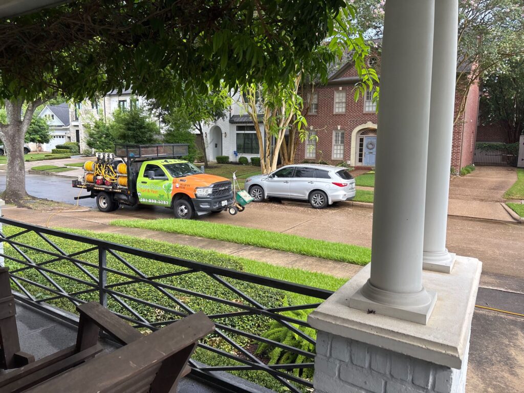 GreenGate Turf & Pest Truck in front of a customers home in West University Place to Service for Home Pest Control & Mosquito Control